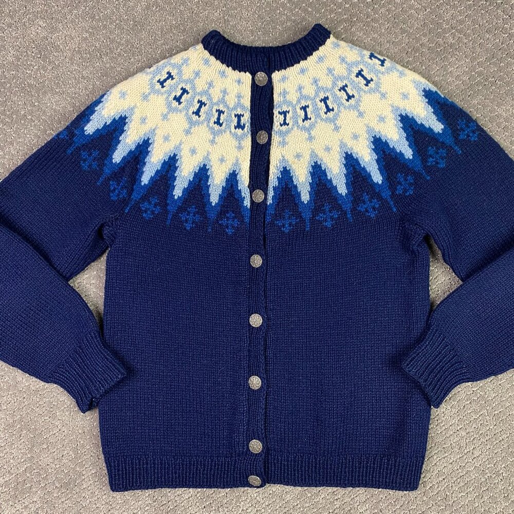 Vintage Siril Shop Sweater Cardigan Fair Isle Norway Norwegian Women's Blue Wool